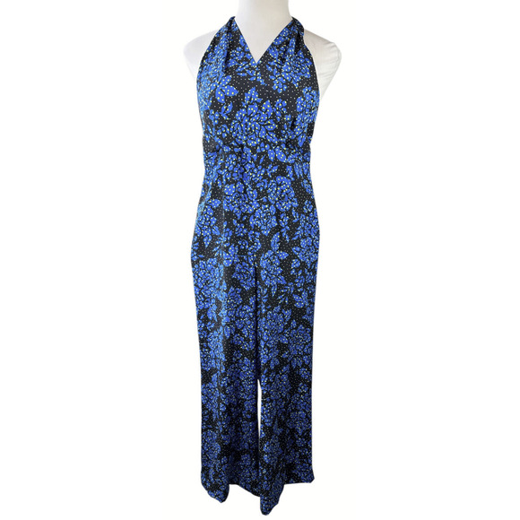 DVF Diane Von Furstenberg 100% Silk Black & Blue Halter Jumpsuit Women's Size 12 - Picture 3 of 16
